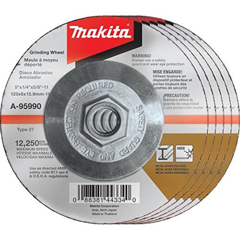 Makita A-95990-5 5 x 1/4 x 5/8-11 Hubbed INOX Grinding Wheel, 36 Grit, 5/pk