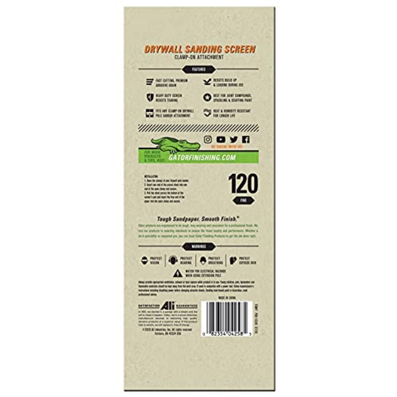 Gator Clamp-On Precut Drywall Sanding Screen, 4-1/4 x 11-1/4, 120 Grit, 25 Pack, Black
