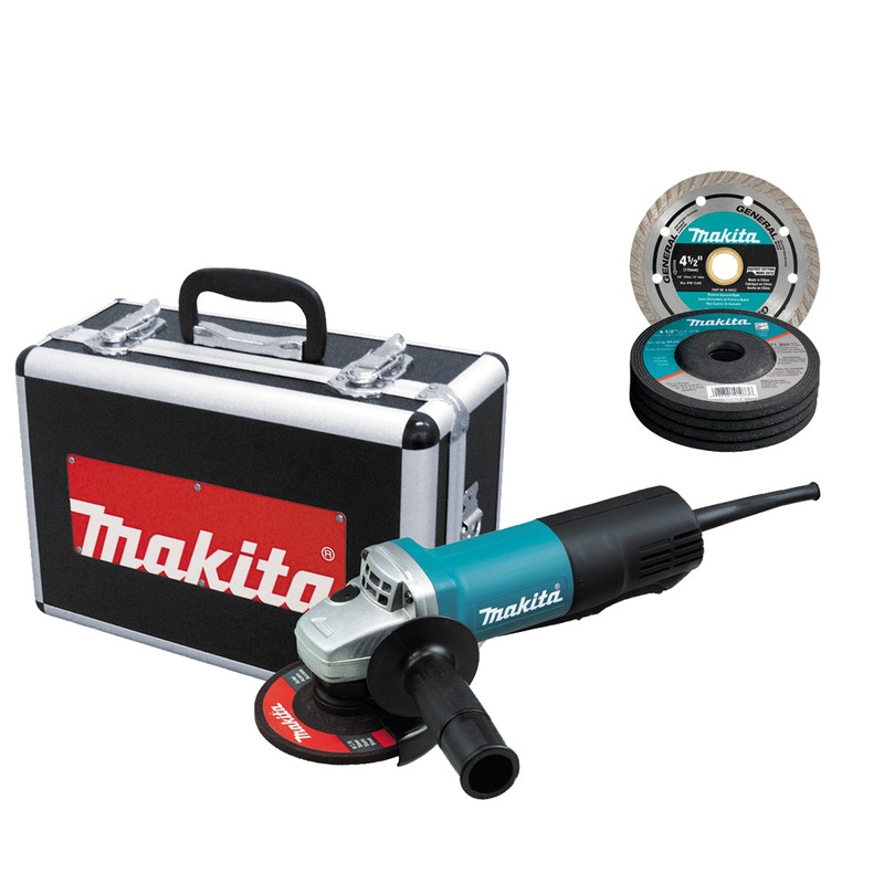 Makita 9557PBX1 – 4-1/2 Paddle Switch Cut-Off/Angle Grinder with aluminum case, diamond blade, 5 ea. grinding wheel, cut-off & grinding guards, lock-off, lock-on