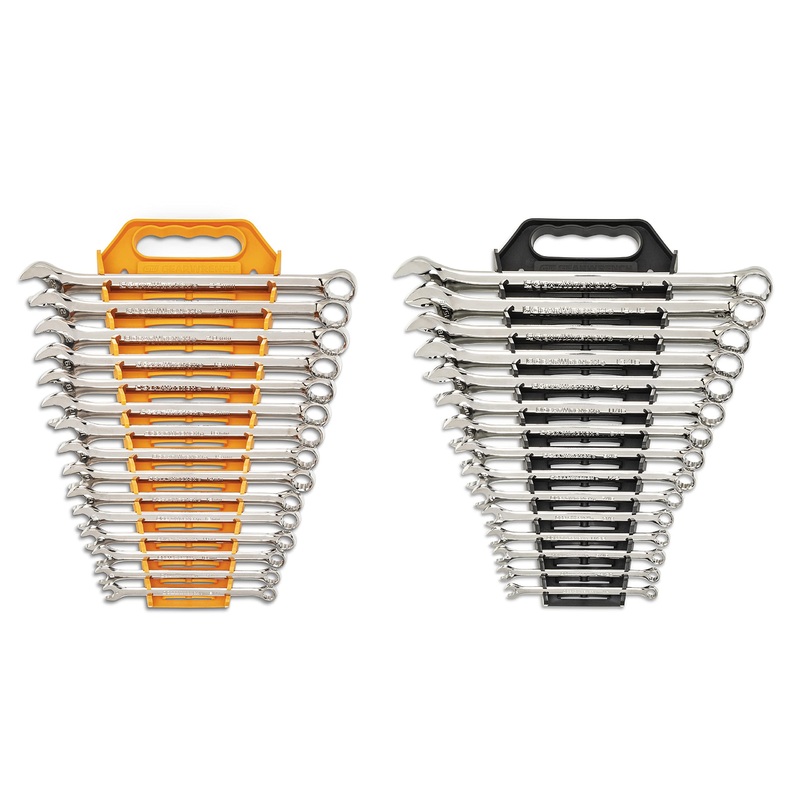 GEARWRENCH 30 Piece 12 Point Long Pattern Combination SAE/Metric Wrench Set with Wrench Racks (1/4-1 in., 8-22 mm) – 81937