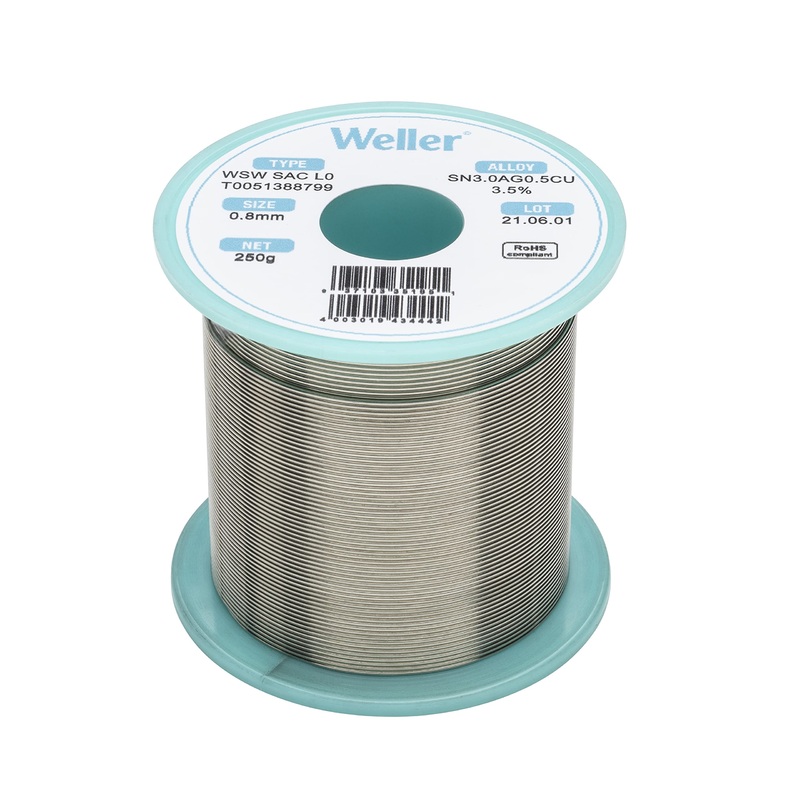 Weller WSW SAC L0 Lead Free Solder Wire, 0.8 mm / 0.039 in Diameter, 250 g / 8.818 oz Weight, Sn96.5Ag3.0Cu0.5 Alloy, 3.5% Flux content – (T0051388799)