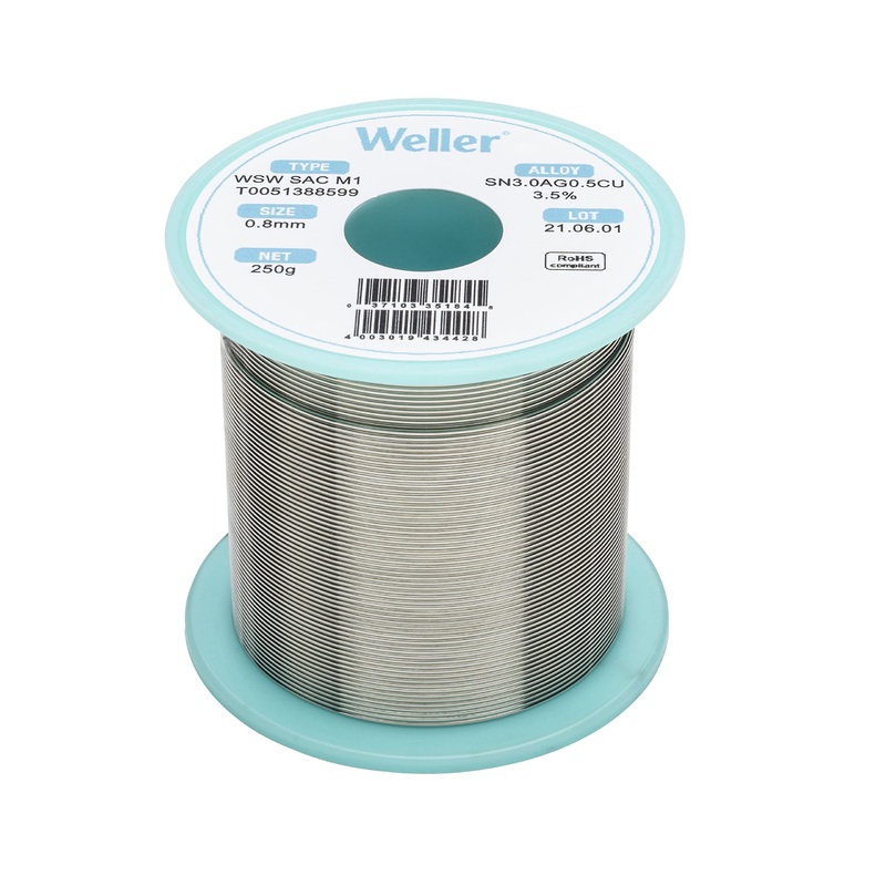 Weller WSW SAC M1 Lead-Free Solder Wire, 0.8 mm / 0.039 in Diameter, 250 g / 8.818 oz Weight, Sn96.5Ag3.0Cu0.5 Alloy, 3.5% Flux Content – T0051388599