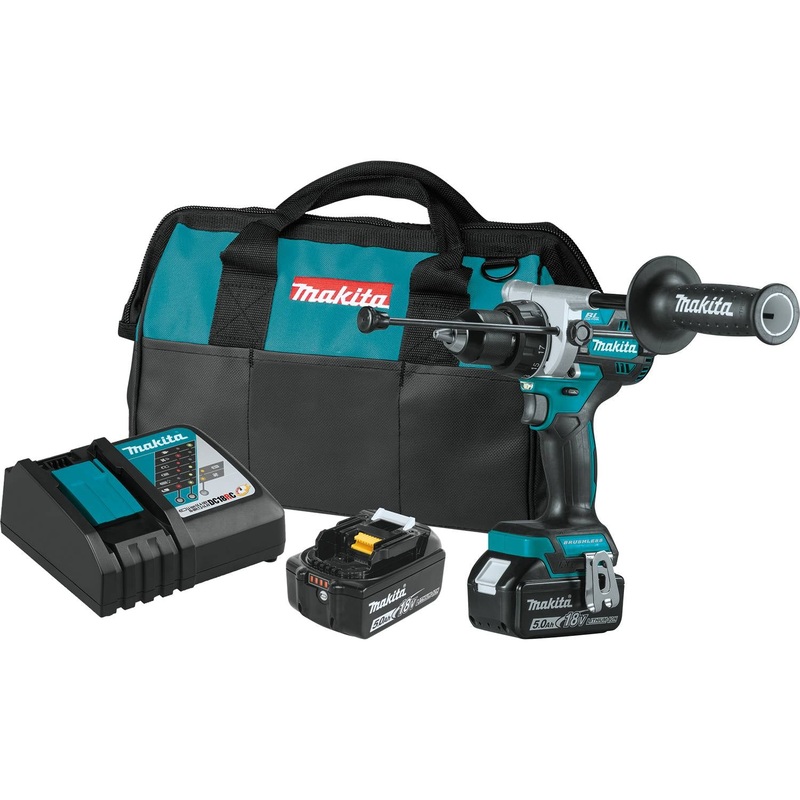 Makita 18V LXT Lithium-Ion Brushless Cordless 1/2 Hammer Driver-Drill Kit, 2-speed, var. speed., L.E.D. Light, bag (5.0Ah)