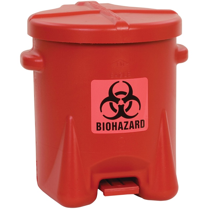 Eagle 6 Gallon Biohazard Trash Can with Foot-Operated Self-Closing Lid, 16.5 x 13.5 x 16, Made in The USA from High-Density Polyethylene, Red, 943BIO