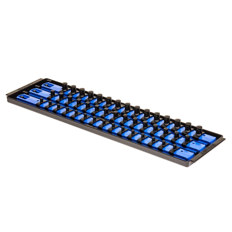 Ernst 18-Inch Socket Organizer 3 Rail Socket Boss (8451) – Toolbox Socket Organization Tray – SAE & Metric Socket Storage, 57 Twist-Lock Clips for 1/4-inch, 3/8-inch, & 1/2-inch Socket Sets, Blue, USA