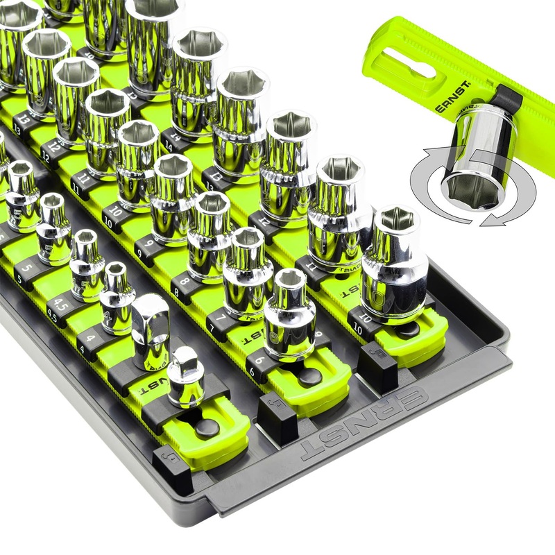 Ernst Manufacturing 8460HV Socket Boss 3-Rail Multi-Drive Socket Rail Organizer with Tray, 18-Inch, High-Visibility – Made in USA