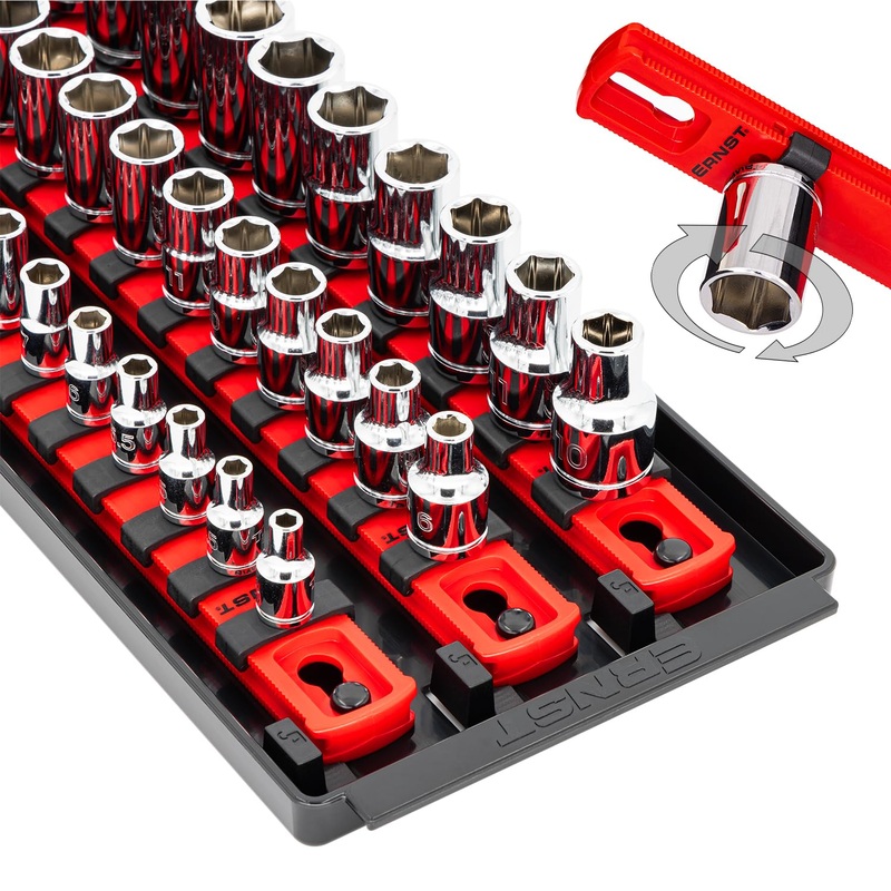 Ernst Manufacturing 18-Inch Socket Boss – Premium 3-Rail Multi-Drive (1/4, 3/8, 1/2) Socket Organizers w Twist Lock Clips, Socket Set Holder for 57 Tools – SAE & Metric – Red (8450) – Made in USA
