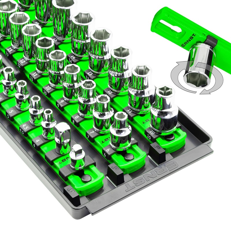 Ernst Manufacturing 8481 Socket Boss 3-Rail Multi-Drive Socket Holder Tray for Toolbox, Twist-Lock Secures Sockets, Green, Socket Holder Socket Clips for SAE, Metric Socket Sets – Made in USA