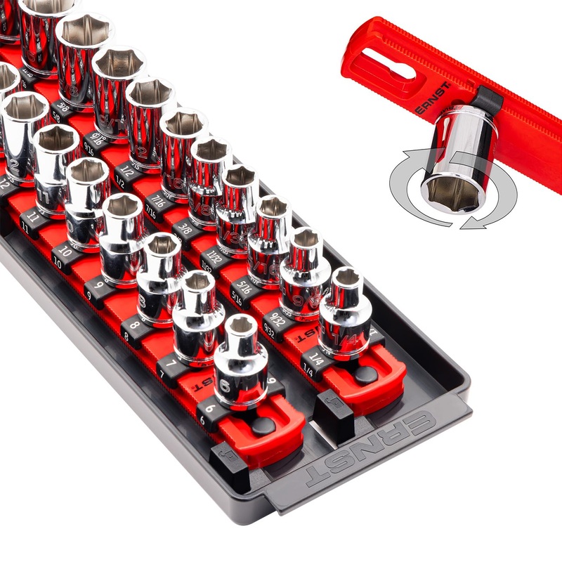 Ernst Mfg. 8493 RD Socket BOSS Tray High-Density System with (2) Red 13 Socket Rail + (28) Twist Lock Clips, 3/8 Drive – Made in USA