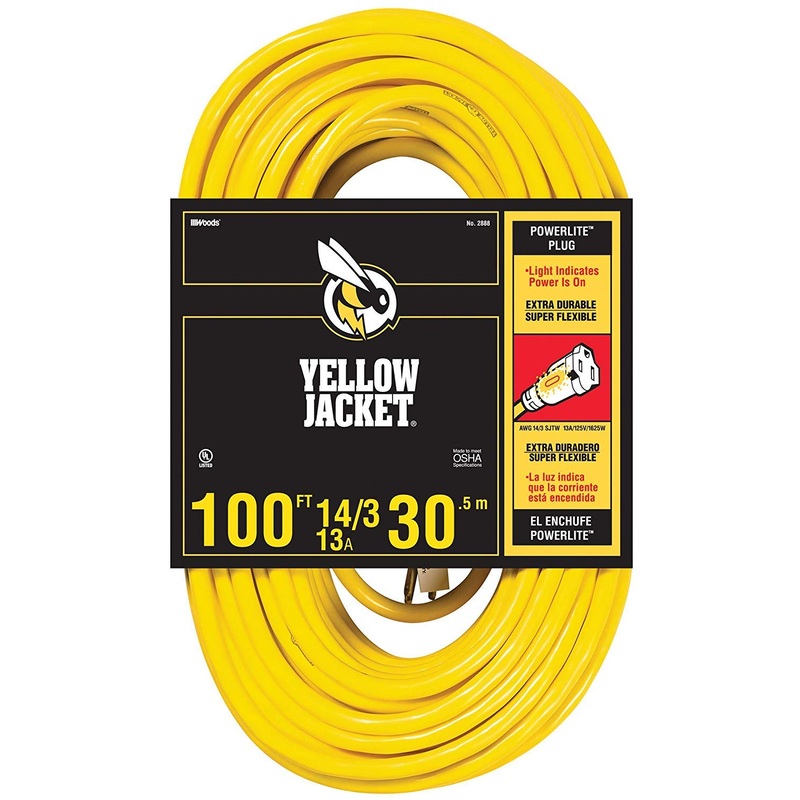 Yellow Jacket 2888 UL Listed 14/3 13 Amp Premium SJTW 100′ (30.5M) Extension Cord with Grounded (3 prong) Lighted Receptacle End, 100 Foot, Yellow
