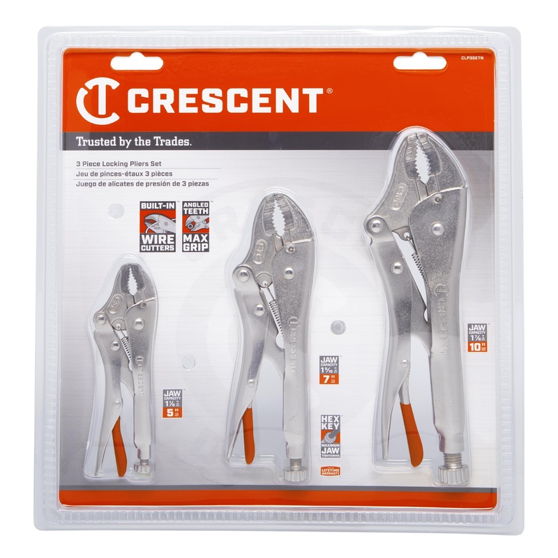 Crescent Curved Jaw Locking Pliers with Wire Cutter – 3 Piece Set – Home DIY & Professional Mechanic Hand Tool for Nuts & Bolts, Cables, Wires – 5, 7 & 10 – CLP3SETN-08