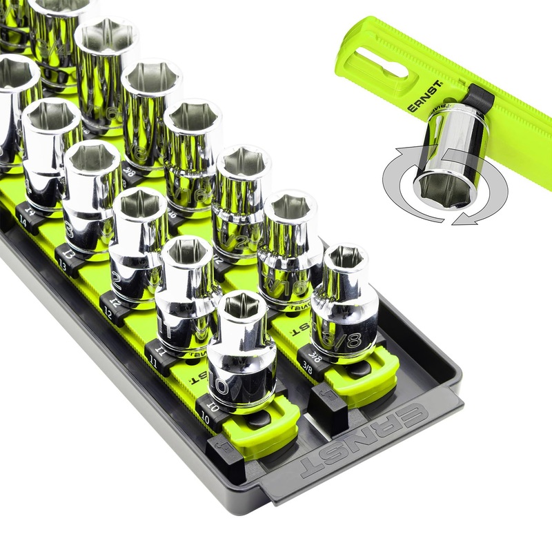 Ernst Manufacturing 8469HV 13-Inch Socket Boss, Premium 2-Rail 1/2-Inch-Drive Socket Organizer, High Visibility – Made in the USA