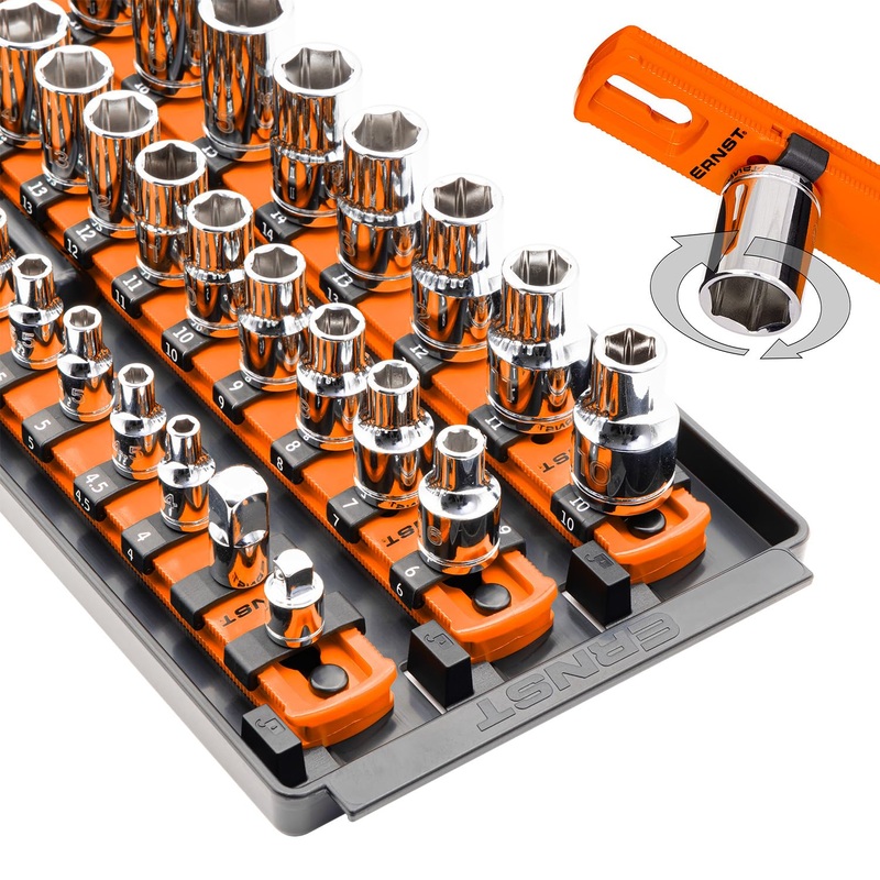 Ernst Manufacturing 8482 Socket Boss 3-Rail Multi-Drive Socket Organizer, 18-Inch Socket Rails with Twist-Lock Secure Storage, Orange – Made in USA 18-Inch Orange