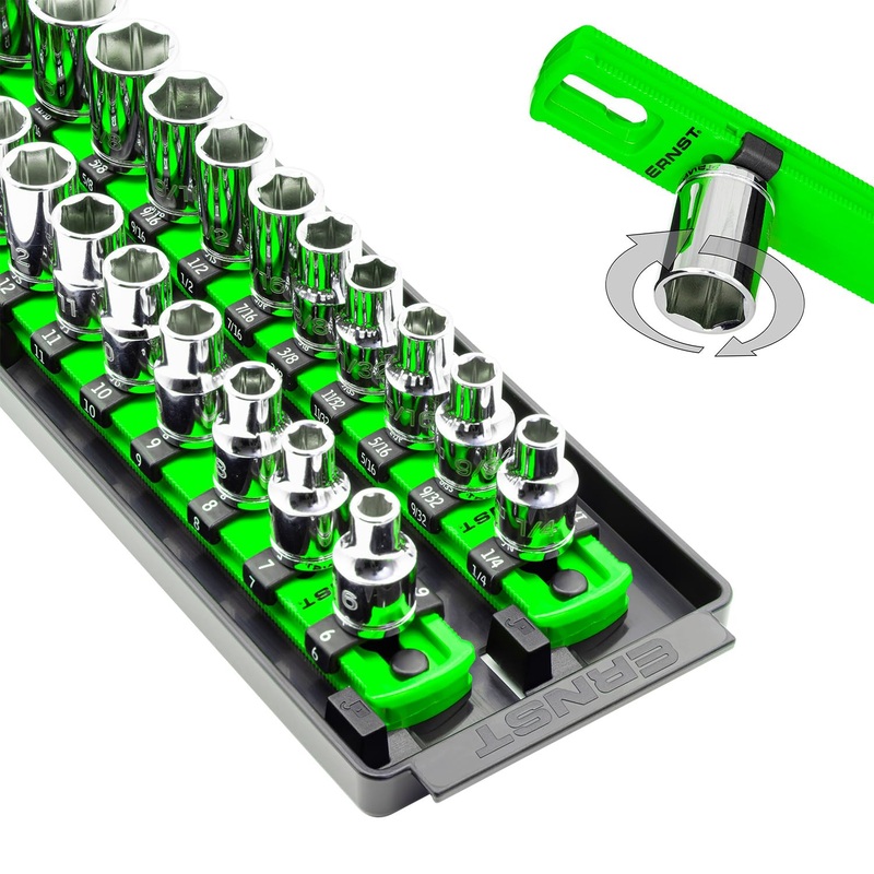 Ernst Manufacturing 8485 Socket Boss, Premium 2-Rail Twist Lock Socket Organizer, 3/8 Inch-Drive, 18-Inch, Green – Made in USA
