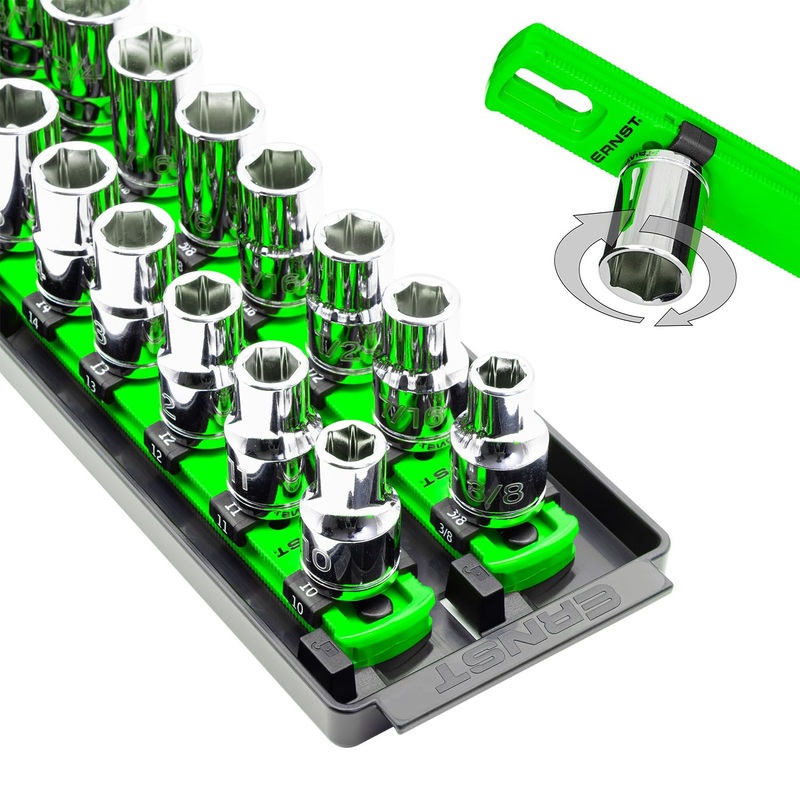 Ernst Manufacturing 8487 Socket Boss, 2 18-Inch Rails featuring Twist-Lock Secure Socket Holder and Drawer Tray, Fits 1/2 Inch Drive Sockets, Green – Made in USA