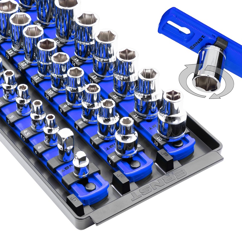 Ernst Manufacturing 8491 Socket Boss Multi-Drive Socket Organizer Tray with 13 Socket Rails, Blue  Drive Socket Storage Tray for Automotive Service Technicians Toolbox – Made in USA 13-Inch Blue