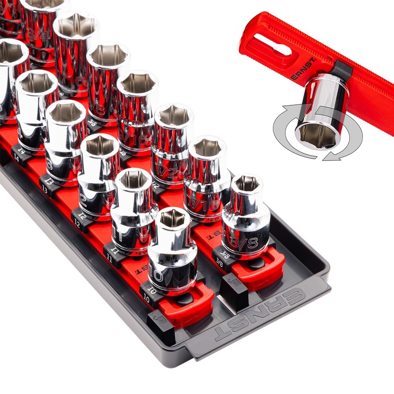 Ernst Manufacturing Socket Organizer Rails – Socket Boss 2-Rail 1/2-Inch-Drive Twist-Lock Socket Holder, 13-Inch, Red (8494) – Made in the USA