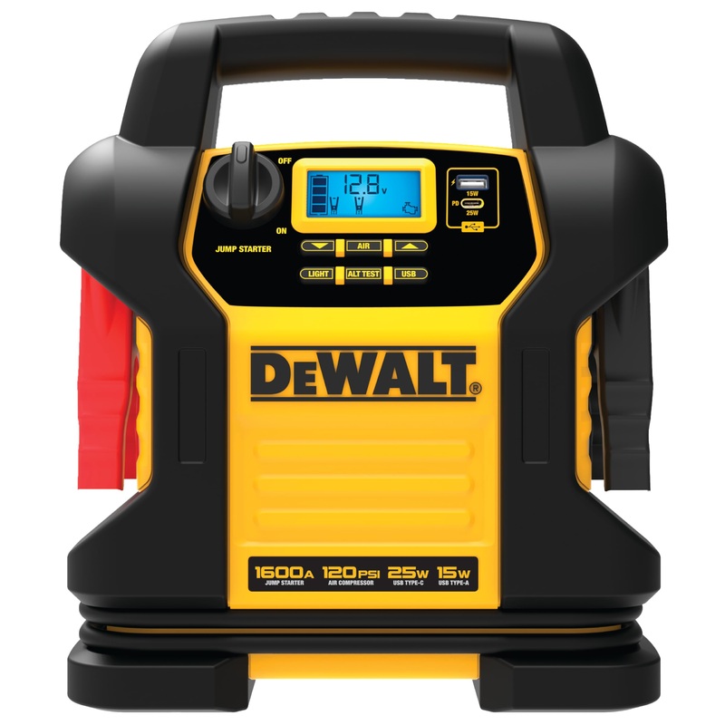 DEWALT DXAEJ14-Type2 Digital Portable Power Station Jump Starter – 1600 Peak Amps with 120 PSI Compressor, AC Charging Cube, 15W USB-A and 25W USB-C Power for Electronic Devices