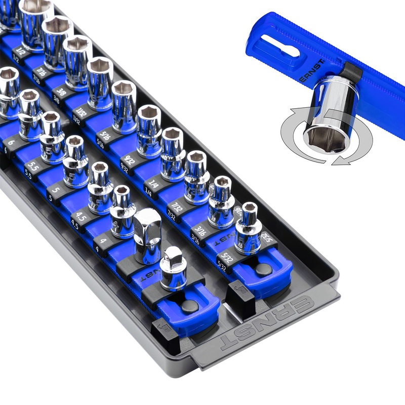 Ernst Manufacturing Socket Boss 2-Rail 1/4-Inch-Drive Socket Organizer, 13-Inch, for Toolbox drawer – Blue (8495) – Made in the USA 13-INCH 1/4 Blue