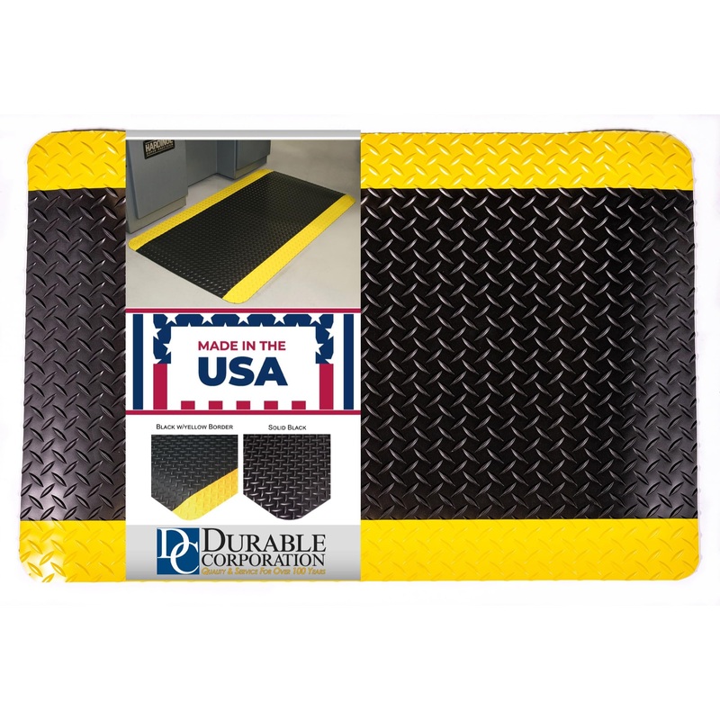Vinyl Heavy Duty Diamond-Dek Sponge Industrial Anti-Fatigue Floor Mat, 3′ x 5′, Black with Yellow Border 3′ x 5′ Solid