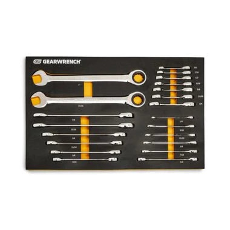 GEARWRENCH 21 Piece 72T SAE Standard & Stubby Ratcheting Wrench Set with EVA Foam Tray – 86526
