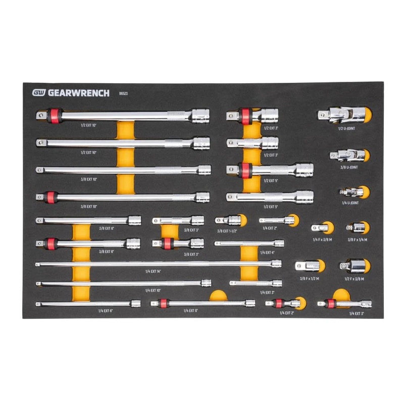 GEARWRENCH 29 Piece 1/4, 3/8, 1/2 Drive Chrome Tool Accessories Set with EVA Foam Tray – 86523
