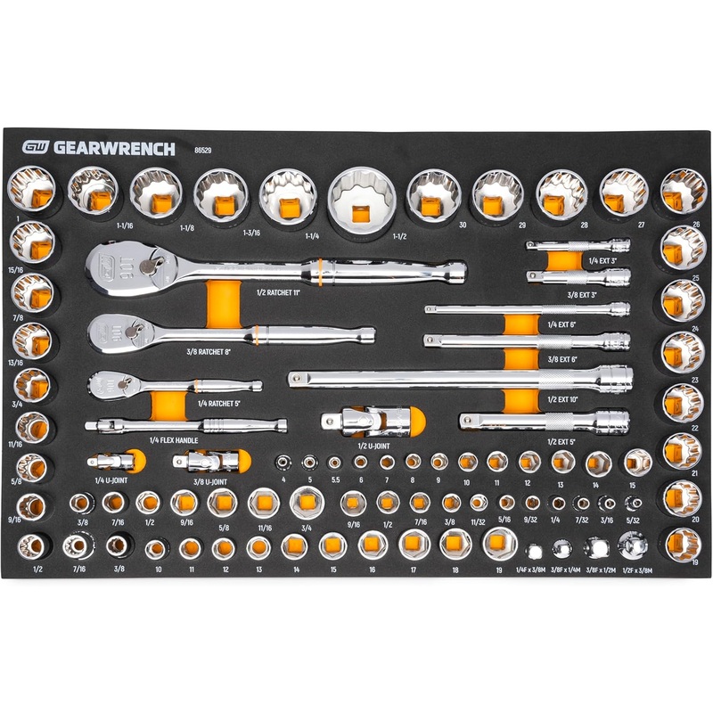 GEARWRENCH 83 Pc. 1/4, 3/8, 1/2 90-Tooth SAE/Metric Mechanics Tool Set with EVA Foam Tray – 86529