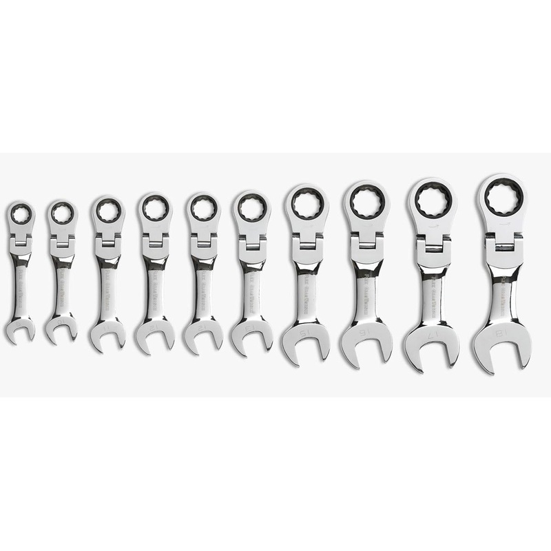 GEARWRENCH 10 Pc. 12 Pt. Stubby Flex Head Ratcheting Combination Wrench Set, Metric – 9550