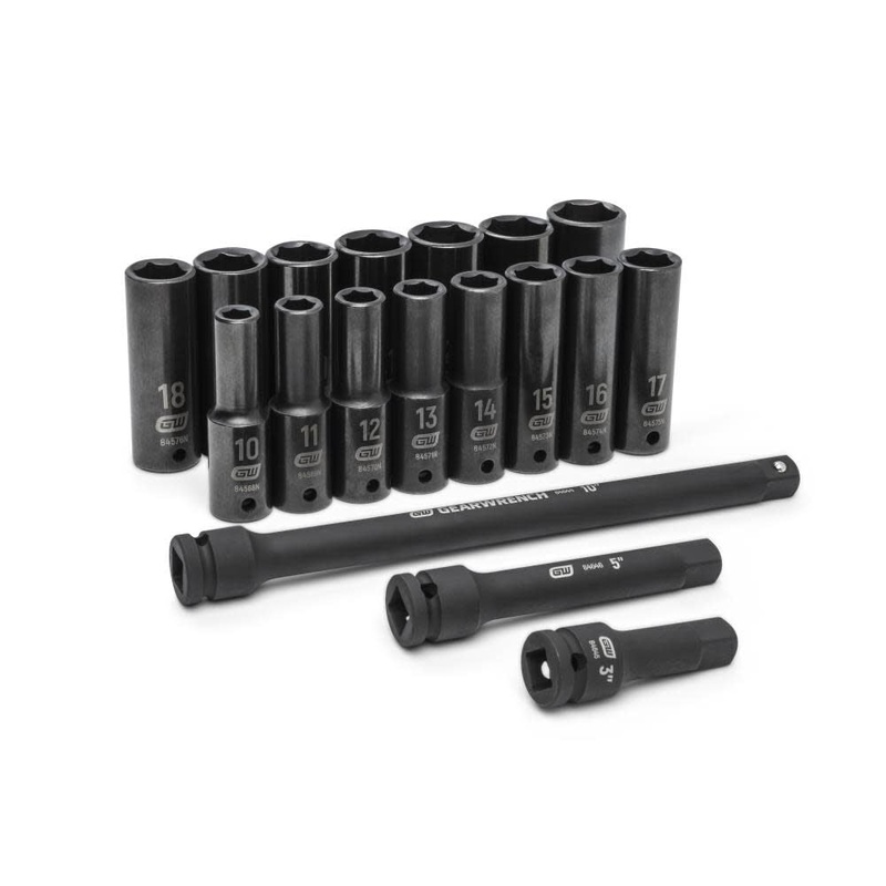 GEARWRENCH 18 Piece 1/2 Drive Deep Metric Impact Socket Set – 89096