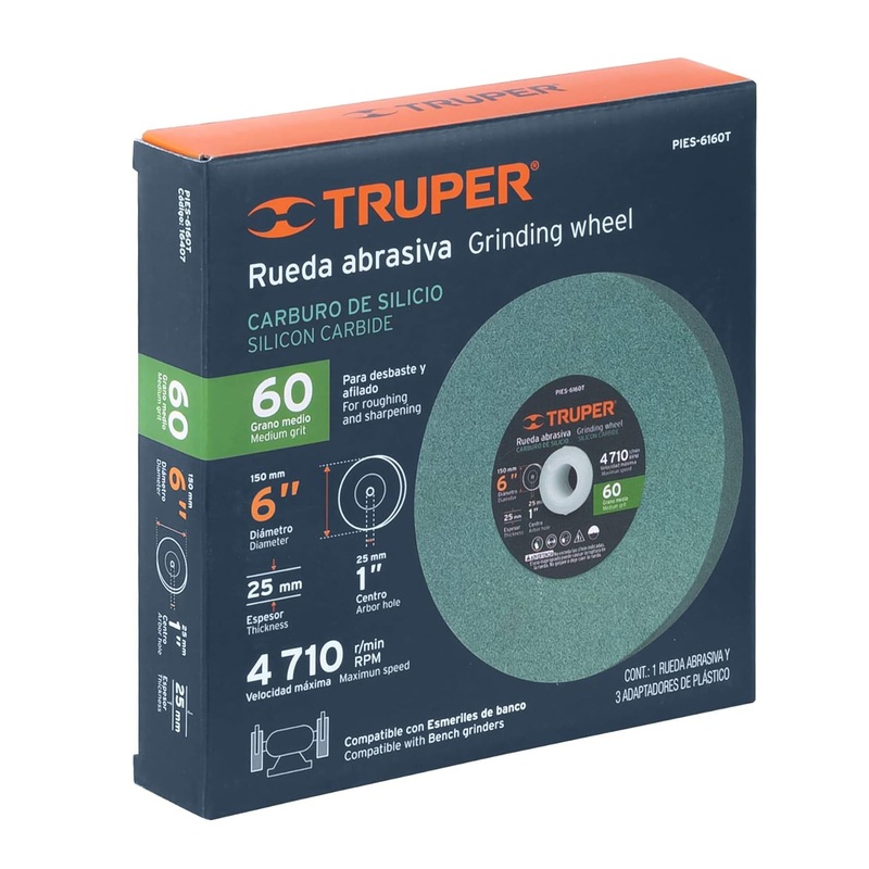 Truper 6 Silicon 16407 Carbide Bench Grinding Wheels. Grit=60, Thickness=1, Drill=1. 1 Pack