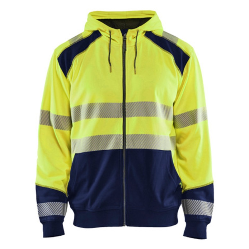 BLAKLADER Hoodie Jacket | 3546 High Vis Yellow/Navy Blue Hoodie with Full Zip and Reflective Tape in Polyester