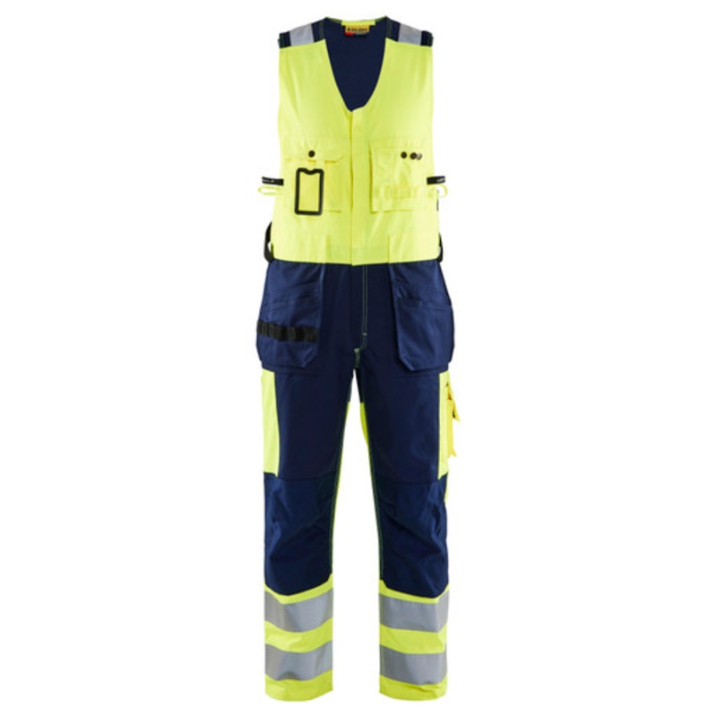 BLAKLADER Overalls | 2653 Sleeveless High Vis Yellow /Navy Blue Overalls with Holster Pockets in Durable Poly/Cotton Blend