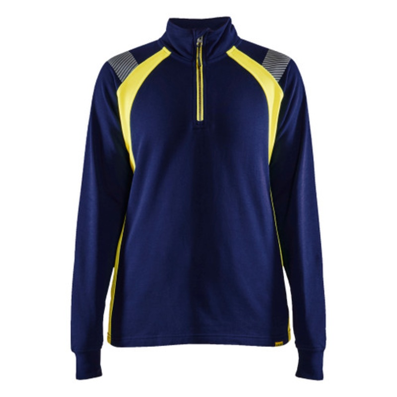 BLAKLADER Sweater | 3403 Womens Navy Blue / High Vis Yellow 1/4 Zip Pullover in Cotton