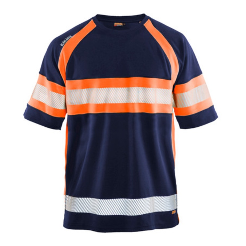 BLAKLADER T-Shirt | 3337 Navy Blue/High Vis Orange UV Protection T-Shirt with Anti-Odour and Reflective Tape in Polyester