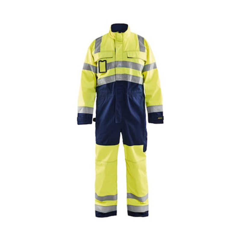 BLAKLADER Overalls | 6373 High Vis Yellow /Navy Blue Overalls with Kneepad Pockets and Reflective Tape in Polyester