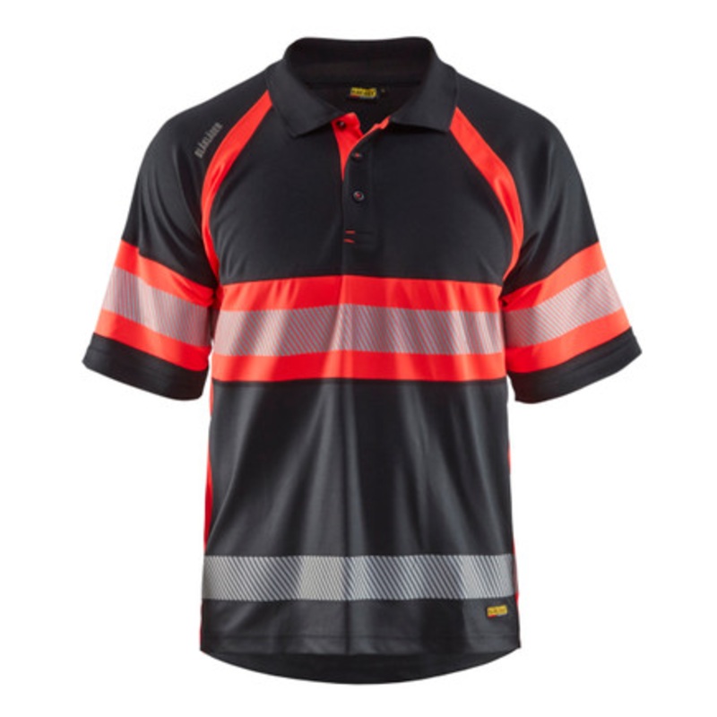 BLAKLADER Polo Shirt  | 3338 Mens Black / High Vis Red UV Protection Profile Polo Shirt with Reflective Tape Polyester