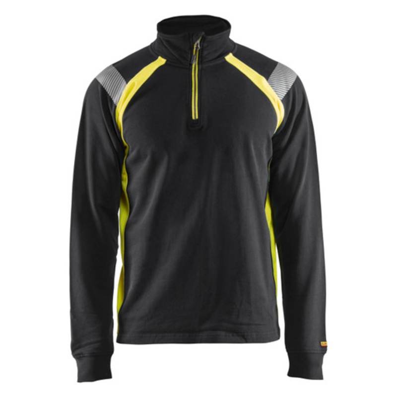 BLAKLADER Sweater | 3432 Mens Black / High Vis Yellow 1/4 Zip Collared Sweater in Reflective Tape Cotton