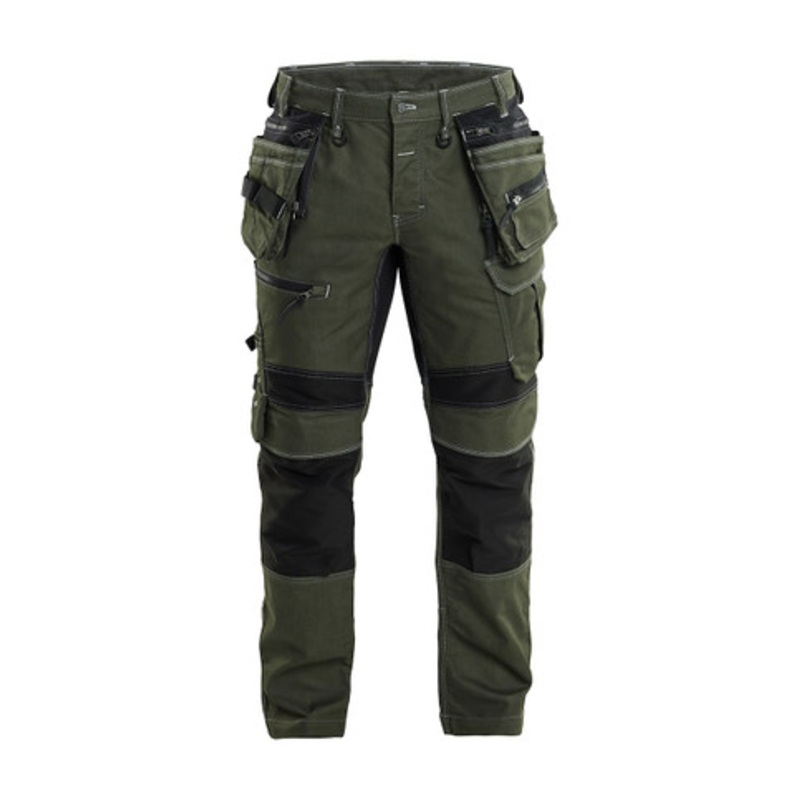 BLAKLADER Trousers | 1990 Green Craftsman Trousers with Holster Pockets and Kneepad Pockets in Denim with Stretch