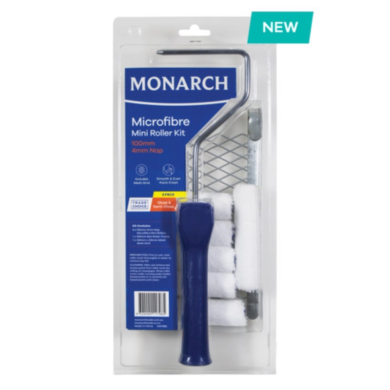 MONARCH Paint Kit | 100mm/4mm Nap Microfibre MINI Roller Paint Kit with Mesh Grid 8 Pieces