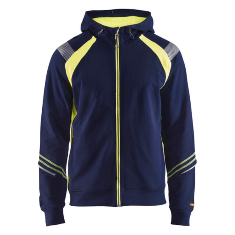 BLAKLADER Hoodie Jacket | 3433 Navy Blue/High Vis Yellow Jacket Hoodie with Full Zip and Reflective Tape in Cotton