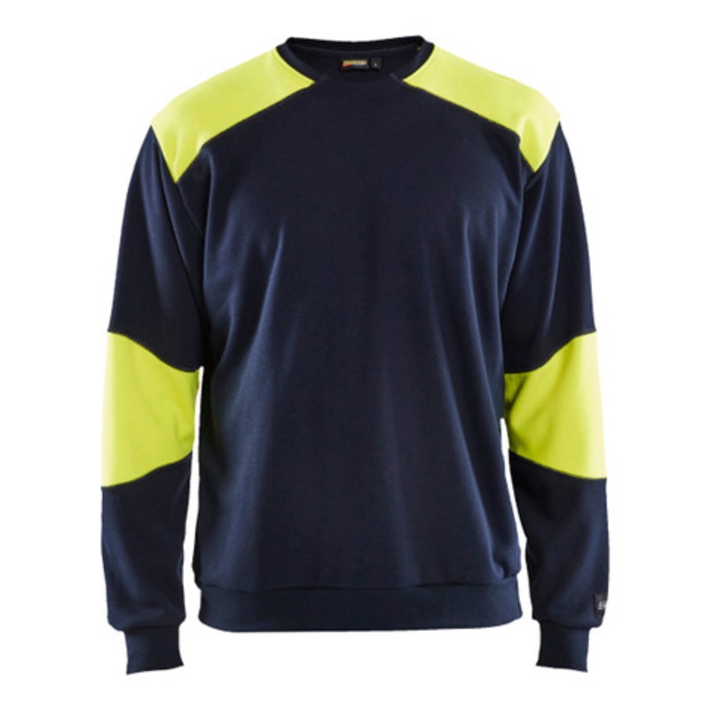 BLAKLADER Sweater | 3458  Navy Blue / High Vis Yellow Anti-Flame Sweater in Anti-Static Cotton