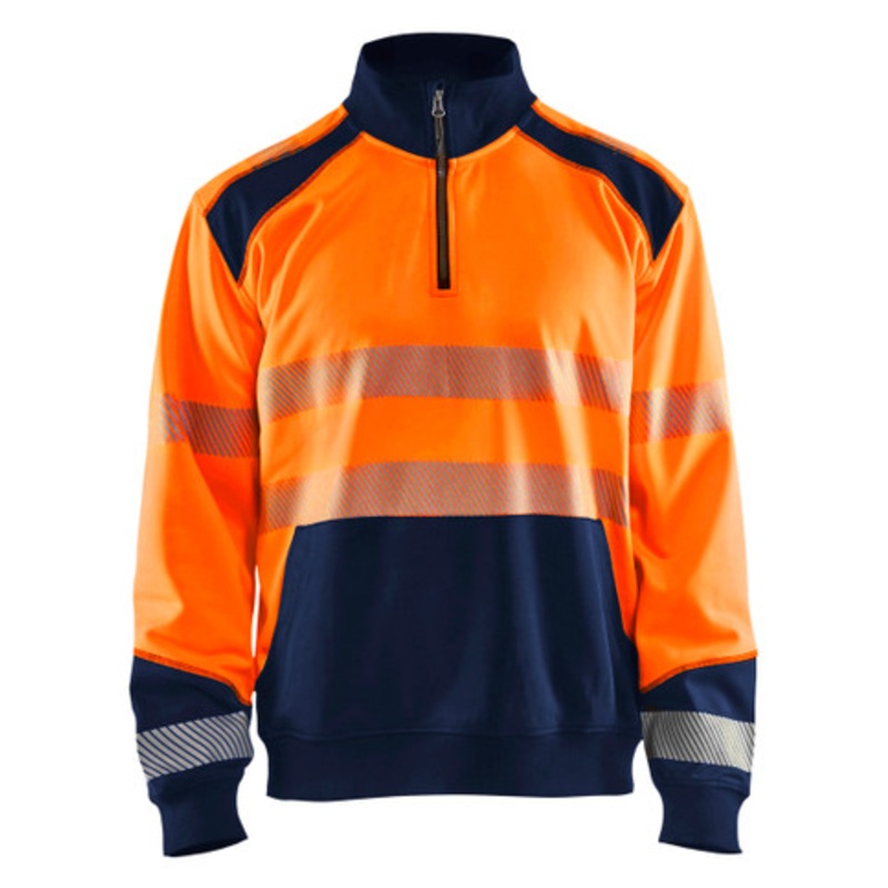 BLAKLADER Sweater | 3556  High Vis Orange / Navy Blue 1/4 Zip Sweaterin Reflective Tape Polyester