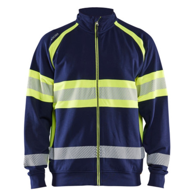 BLAKLADER Sweater Jacket | 3551 Navy Blue/High Vis Yelllow Jacket Sweater with Reflective Tape and Full Zip in Cotton