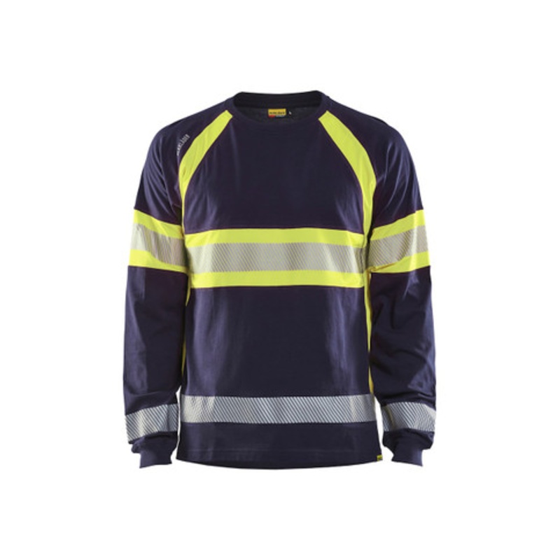 BLAKLADER T-Shirt | 3510 Navy Blue/High Vis Yellow Long Sleeve T-Shirt with Reflective Tape and in Cotton
