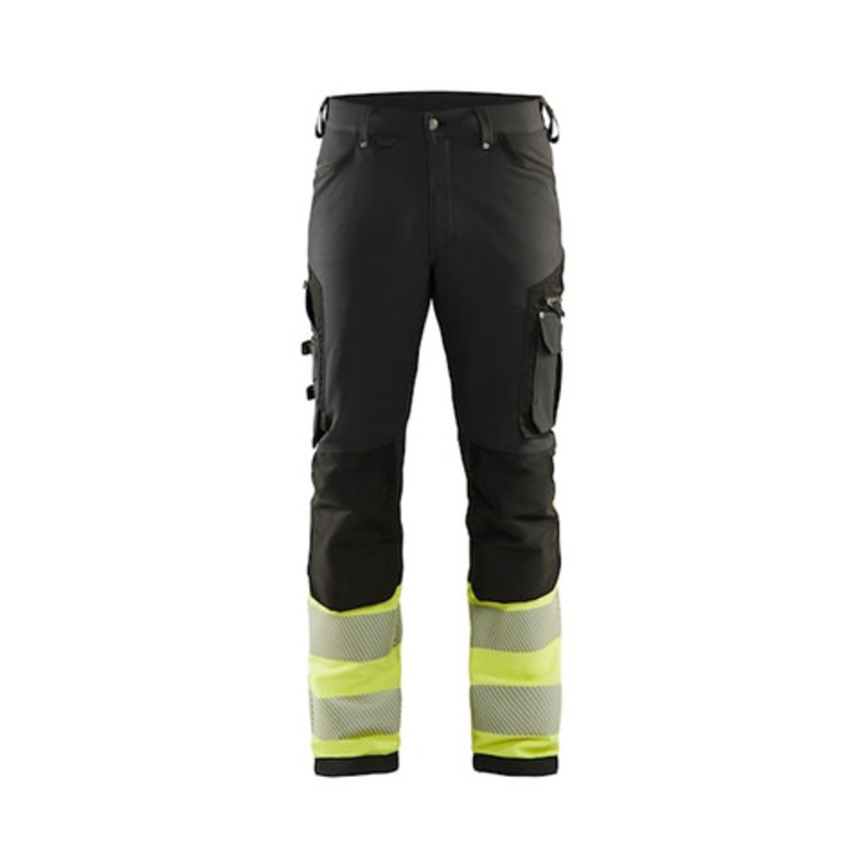 BLAKLADER Trousers | 1193 Craftsman Black / High Vis Yellow Trousers with Kneepad Pockets and Reflective Tape 4-Way Stretch