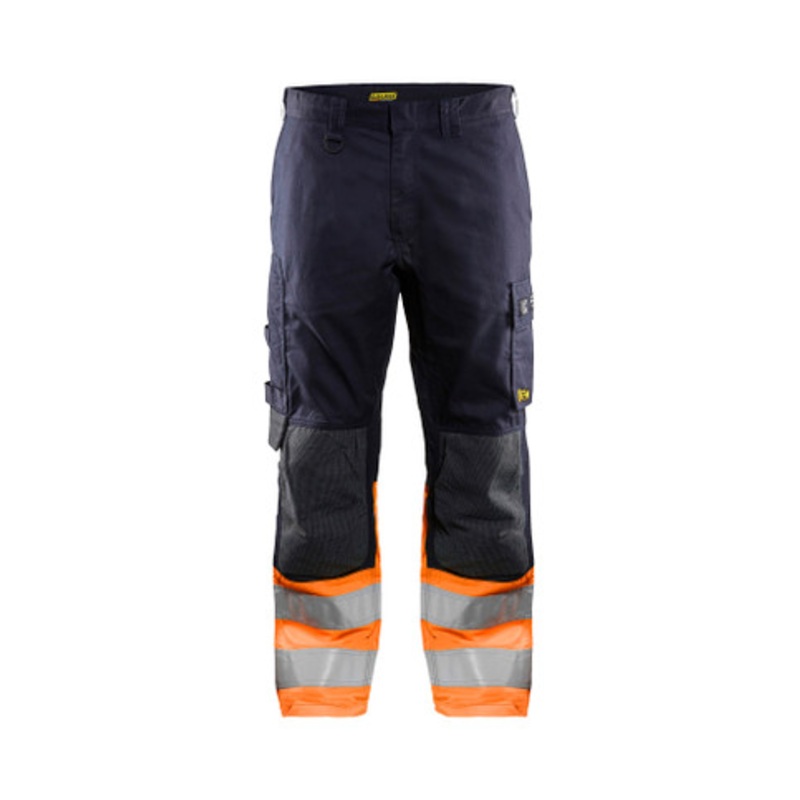 BLAKLADER Trousers | 1488 Multinorm INHERENT Navy Blue / High Vis Orange Trousers with Kneepad Pockets and Anti-Static Rip-Stop with Stretch