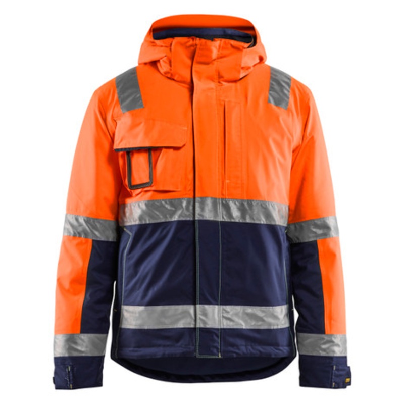 BLAKLADER Jacket | 4870 Mens High Vis Orange / Navy Blue Full Zip Winter Jacket in Reflective Tape Polyester Waterproof
