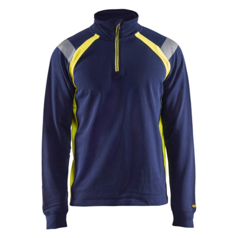 BLAKLADER Sweater | 3432 Mens Navy Blue / High Vis Yellow 1/4 Zip Collared Sweater in Reflective Tape Cotton