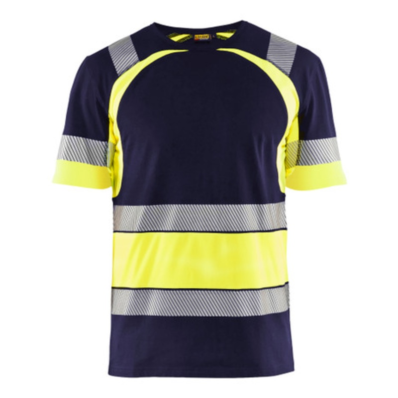 BLAKLADER T-Shirt  | 3421 Mens Navy Blue / High Vis Yellow Profile T-Shirt with Reflective Tape Cotton