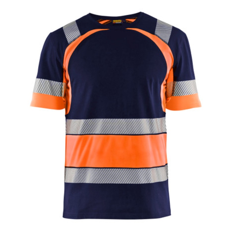 BLAKLADER T-Shirt  | 3421  Navy Blue / High Vis Orange T-Shirt with Reflective Tape Cotton